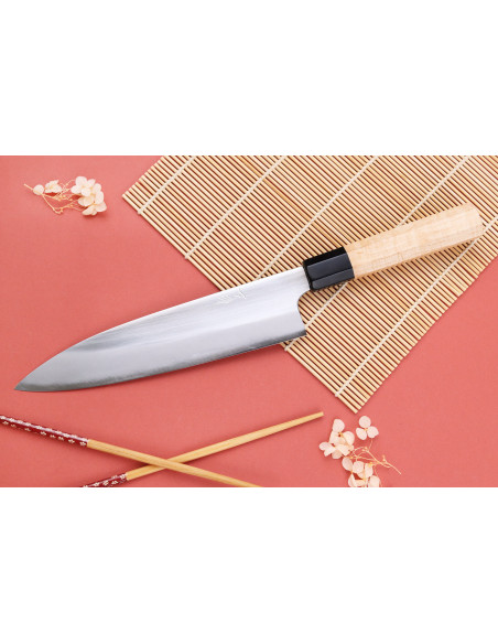 Faca de chef japonesa Naoki Mazaki Shirogami 2 San Maï de 21 cm, feita à mão, com cabo de louro