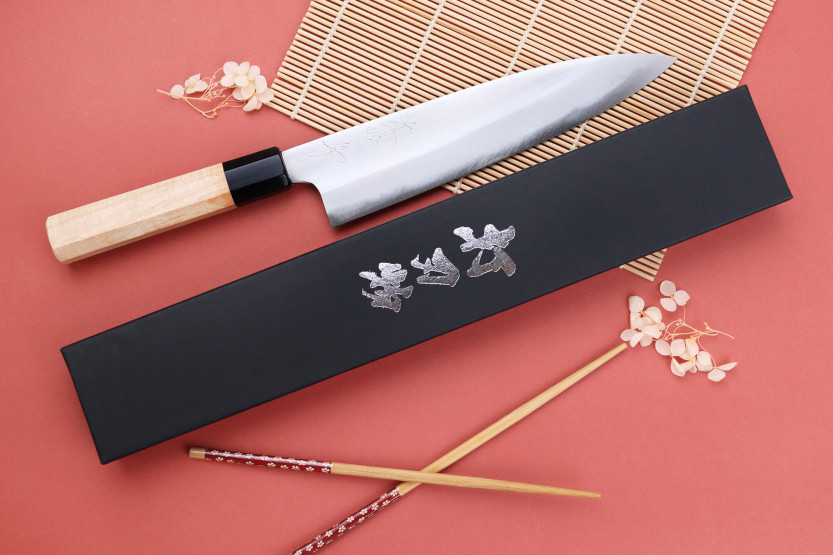 Kochmesser 21cm japanisch handgefertigt Naoki Mazaki Shirogami 2 San Maï Griff aus Lorbeerholz