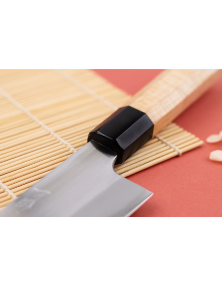 Cuchillo de cocinero japonés Naoki Mazaki Shirogami 2 San Maï de 21cm hecho a mano con mango de laurel