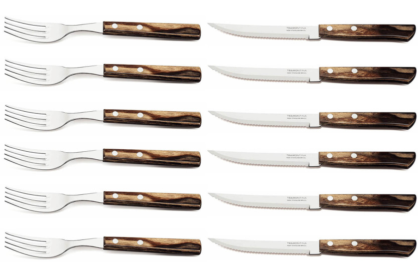 Boxed set 6 steak knives with serrated blade + 6 Tramontina Churrasco brown-handled forks