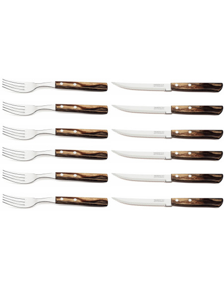 Boxed set 6 steak knives with serrated blade + 6 Tramontina Churrasco brown-handled forks