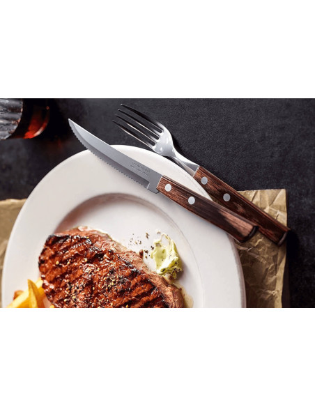 Set in scatola 6 coltelli da bistecca con lama seghettata + 6 forchette Tramontina Churrasco con manico marrone