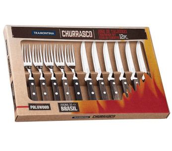 Boxed set 6 steakmessen met gekarteld lemmet + 6 Tramontina Churrasco vorken met bruine handgreep