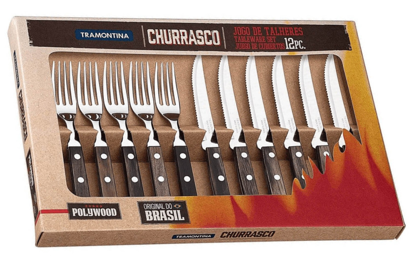 Set aus 6 Steakmessern mit Wellenschliff + 6 Gabeln Tramontina Churrasco mit braunem Griff