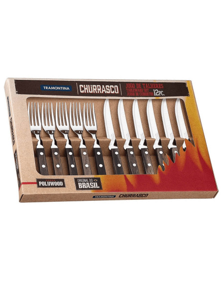 Juego en caja de 6 cuchillos churrasqueros con hoja dentada + 6 tenedores Tramontina Churrasco mango marrón