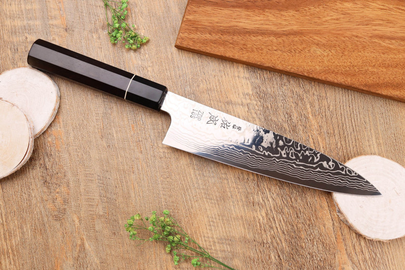 ZDP-189 Faca de chef japonesa tradicional Sukenari de 21 cm com cabo de ébano damasco