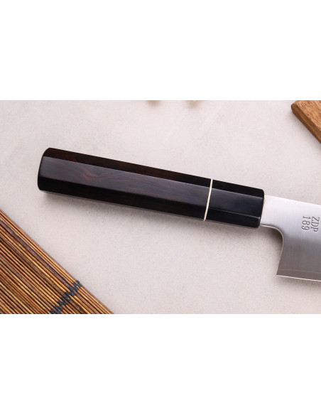 ZDP-189 Coltello kiritsuke artigianale giapponese San Maï 21 cm Sukenari con manico in ebano