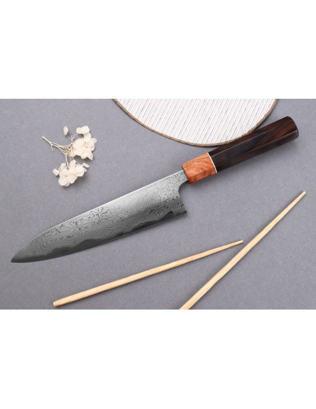 Faca de cozinha japonesa artesanal Toshihiro Wakui Aogami 2 laminada em damasco de 21 cm