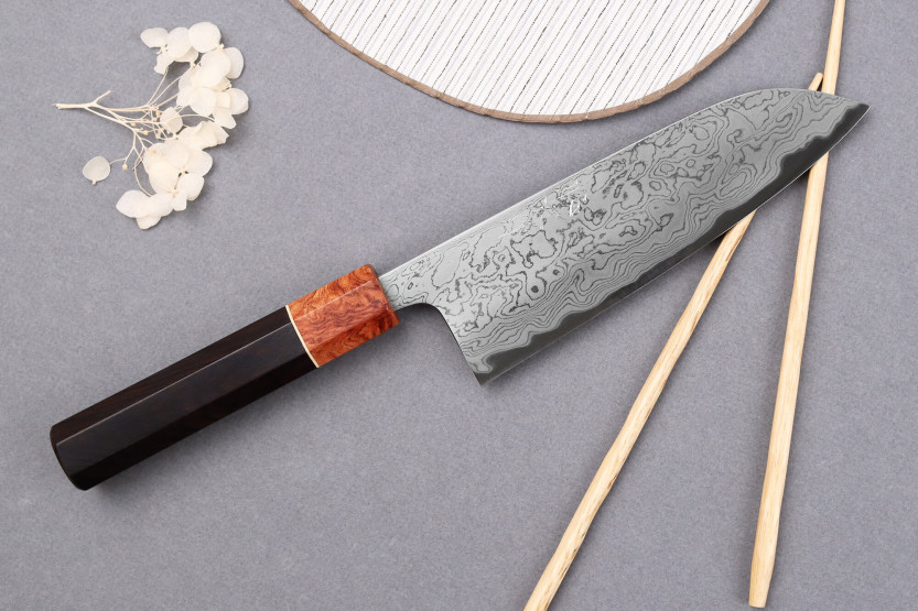 16,5cm Toshihiro Wakui Aogami 2 damask laminated santoku knife, japanese handmade