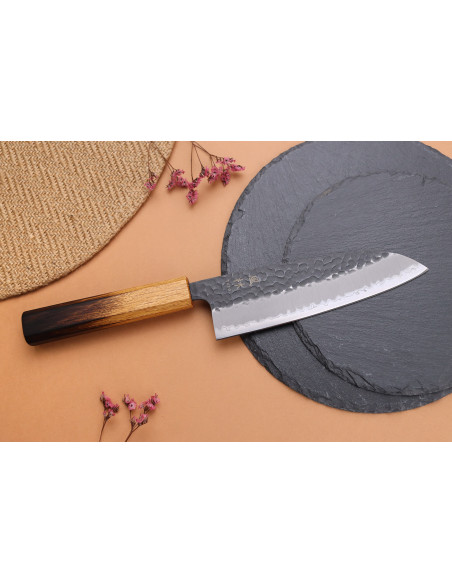 16,5cm Japans santoku mes Yuzo Black AS gebrand eiken