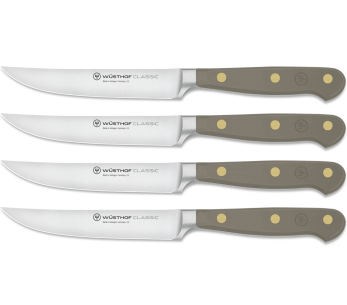 Sett med 4 Wusthof Classic Colour Velvet Oyster smidde biffkniver med 12 cm blad