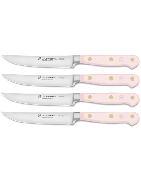 Sett med 4 Wusthof Classic Colour Pink Himalayan Salt smidde biffkniver, 12 cm blad