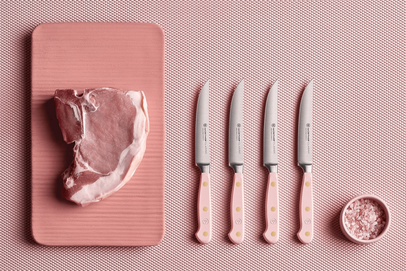 Set van 4 Wusthof Classic Colour Pink Himalayan Salt gesmede steakmessen, lemmet 12 cm