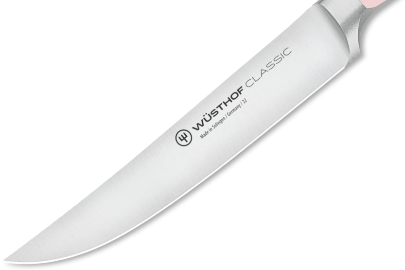 Sett med 4 Wusthof Classic Colour Pink Himalayan Salt smidde biffkniver, 12 cm blad
