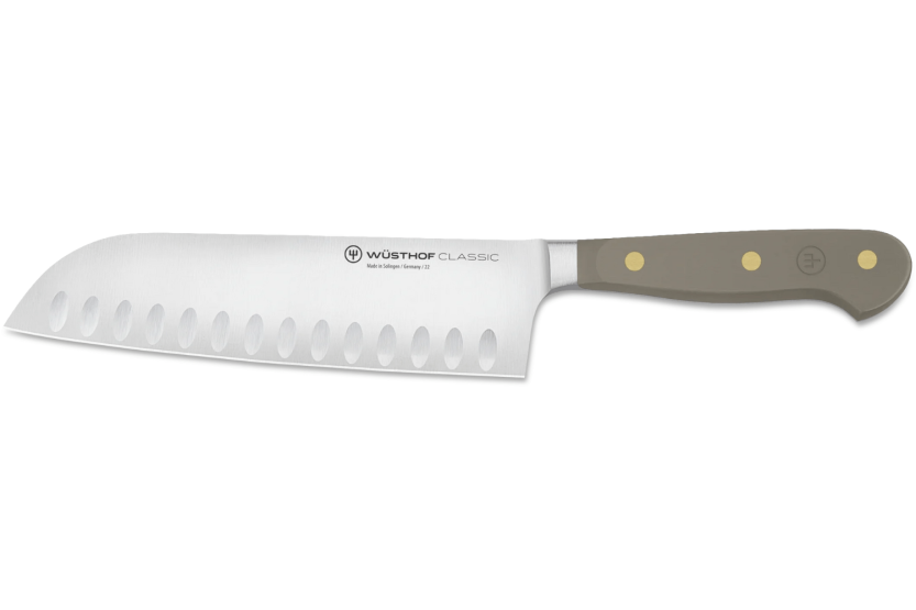 Wusthof Classic Colour Velvet Oyster gesmeed santoku mes 17cm met granton lemmet