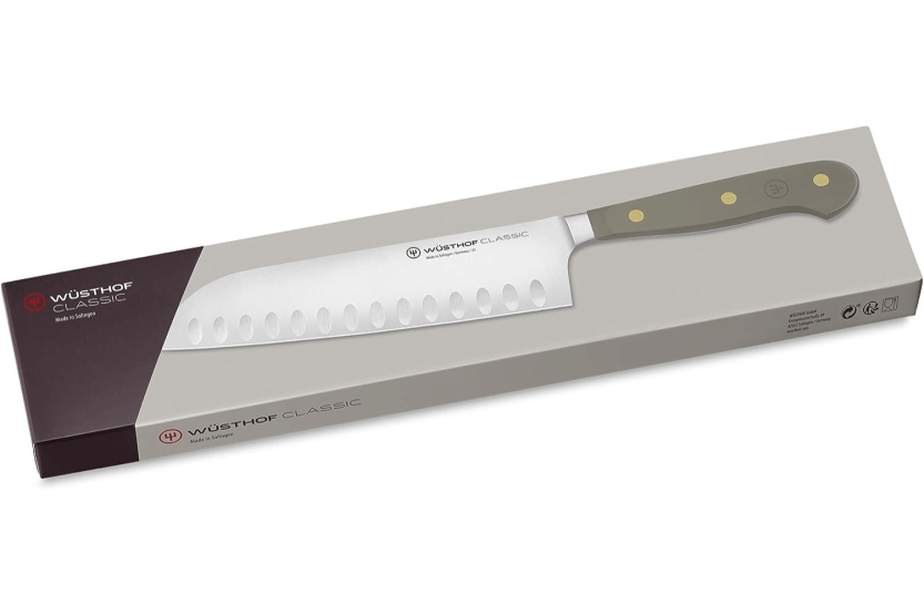 Wusthof Classic Colour Velvet Oyster gesmeed santoku mes 17cm met granton lemmet