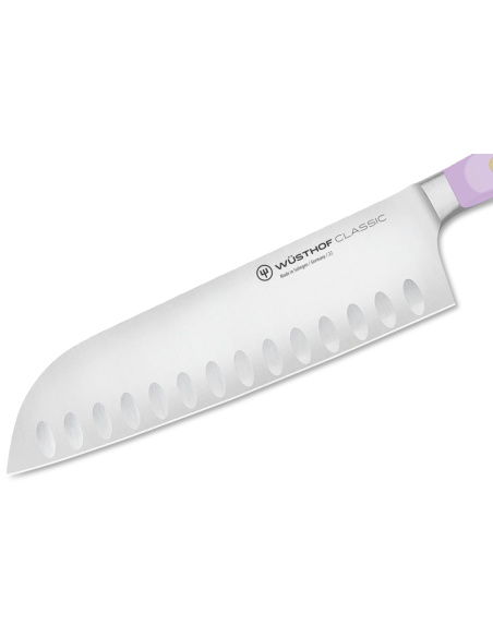 Wusthof Classic Colour Purple Yam taottu santokuveitsi 17cm, jossa on Granton-teräterä.