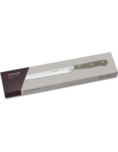 Cuchillo forjado para salchichas Wusthof Classic Colour Velvet Oyster, hoja dentada 14cm