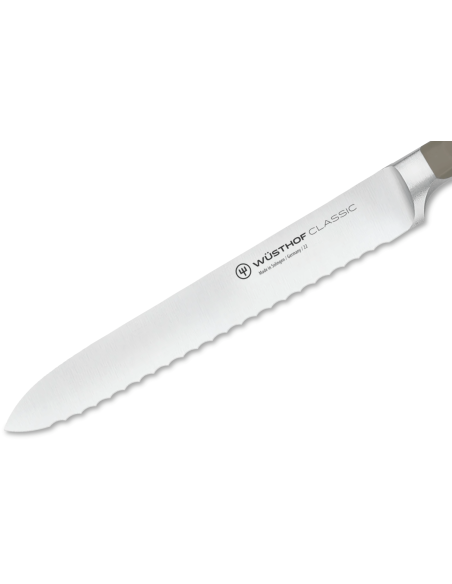 Cuchillo forjado para salchichas Wusthof Classic Colour Velvet Oyster, hoja dentada 14cm