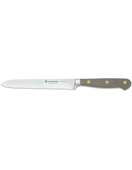 Cuchillo forjado para salchichas Wusthof Classic Colour Velvet Oyster, hoja dentada 14cm