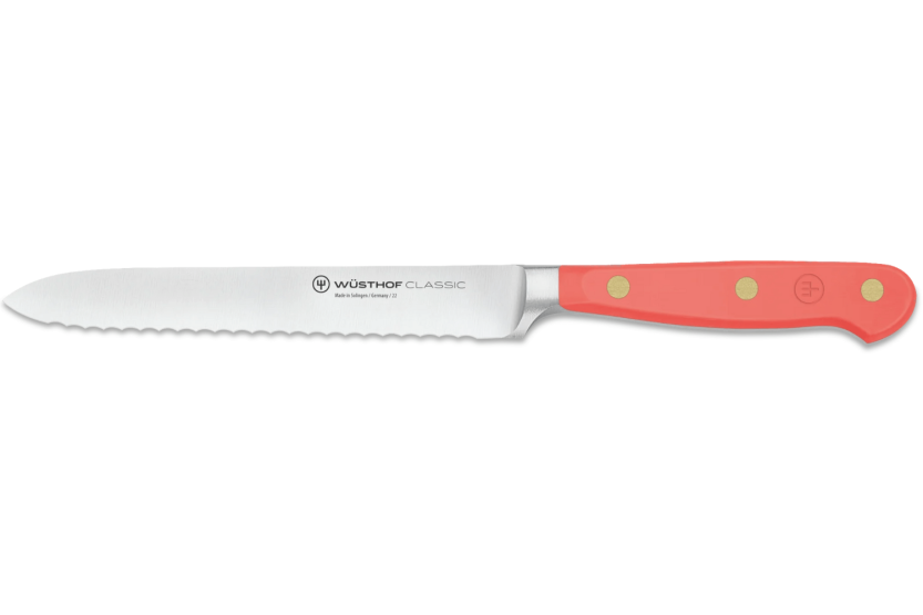 Faca para salsichas forjada com lâmina serrilhada Wusthof Classic Colour Coral Peach 14cm