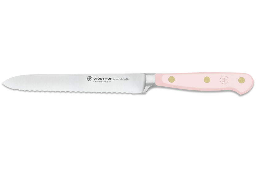 Cuchillo forjado para salchichas Wusthof Classic Colour Pink Himalayan Salt 14cm hoja dentada