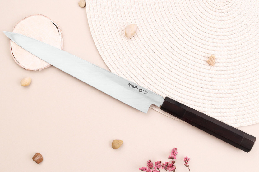 Sakai Takayuki Byakko 24 cm Coltello yanagiba giapponese Coltello yanagiba fatto a mano manico in ebano + fodero