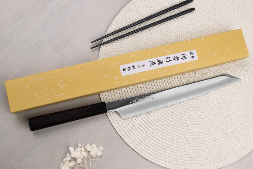 Coltello yanagiba kiritsuke 27cm japonais artisanal Sakai Takayuki Hien