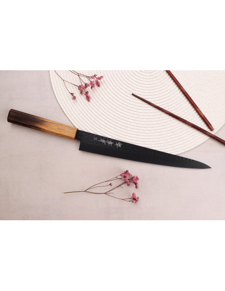 Cuchillo japonés sujihiki Sakai Takayuki Kurokage VG10 24cm con mango de roble quemado