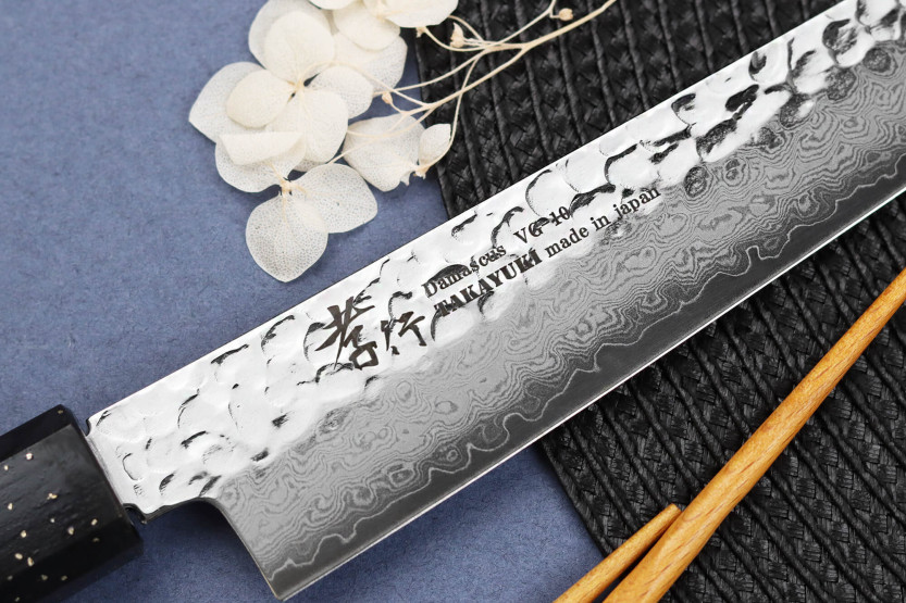 Couteau sujihiki 24cm japanais Sakai Takayuki Kashi Urushi VG10 damas
