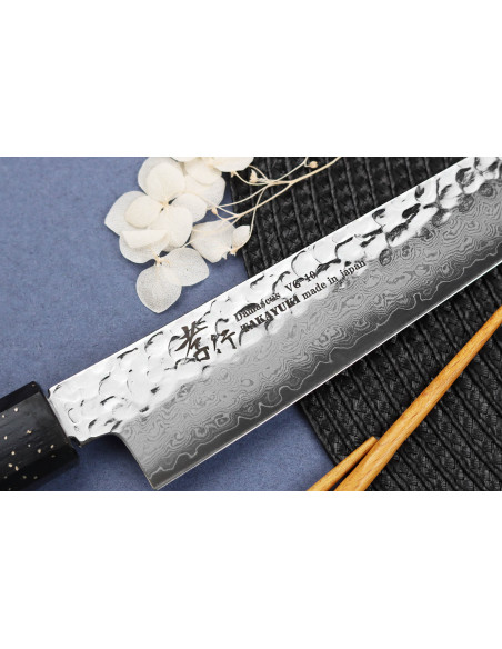 Couteau sujihiki 24cm japonais Sakai Takayuki Kashi Urushi VG10 damas