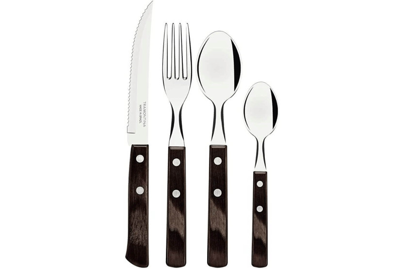 Tramontina 24 place setting in stainless steel and brown wood