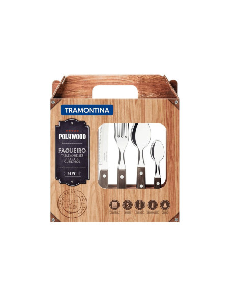 Tramontina 24 place setting in stainless steel and brown wood