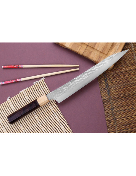 Couteau sujihiki cherry Japanese artisanal martelé Yu Kurosaki senko 24cm acier SG2
