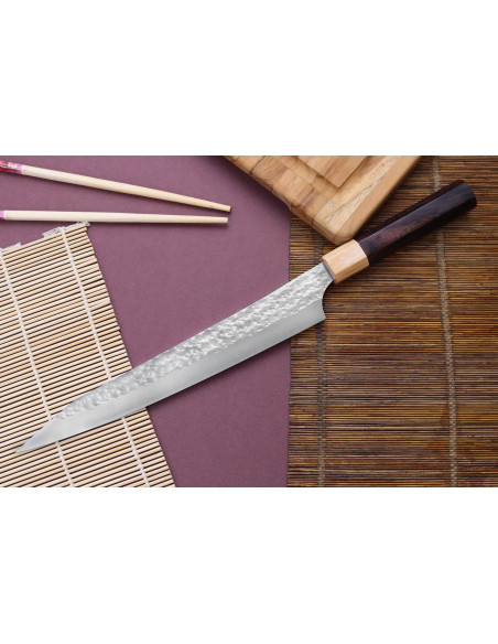 Couteau sujihiki cherry Japanese artisanal martelé Yu Kurosaki senko 24cm acier SG2