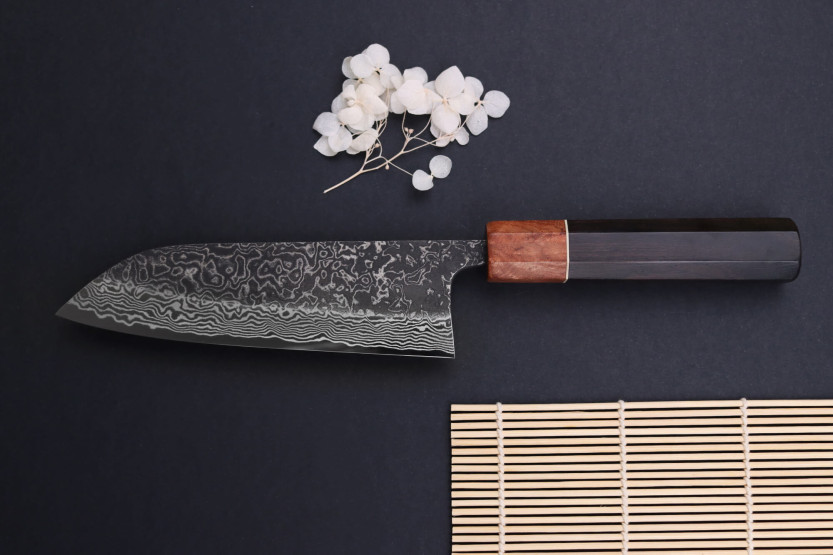 Masashi Yamamoto SLD Kuro damas Cuchillo santoku, 16.5cm cuchillo japonés hecho a mano