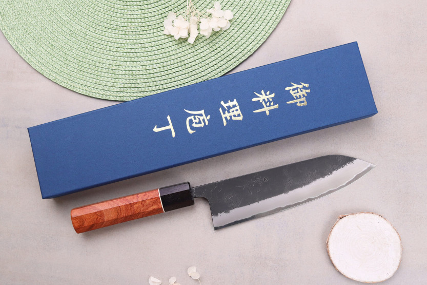 Faca gyuto japonesa Masashi Yamamoto BS1 Black Nashiji 18cm feita à mão