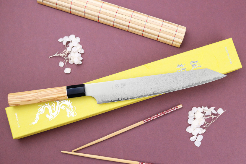 Couteau sujihiki recogedor de cerezas 24cm japonais artisanal Yuzo Damas VG10