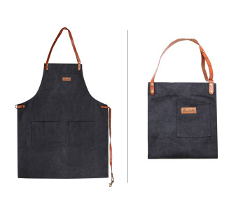 Avental de cozinha Wusaki em lona preta carvão e couro 83x67,5cm - Tamanho único