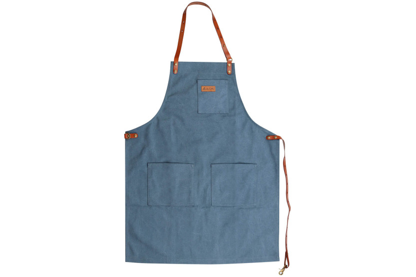 Wusaki kitchen apron in blue canvas and leather 83x67,5cm - One size
