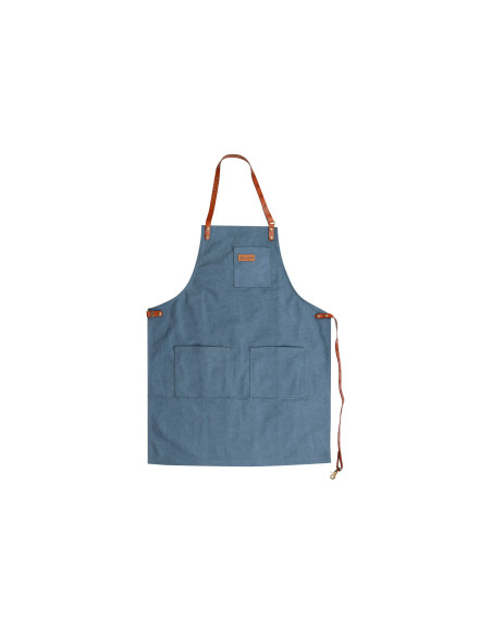 Wusaki kitchen apron in blue canvas and leather 83x67,5cm - One size