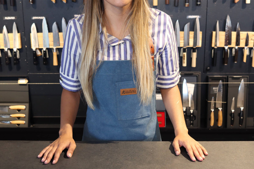 Wusaki kitchen apron in blue canvas and leather 83x67,5cm - One size