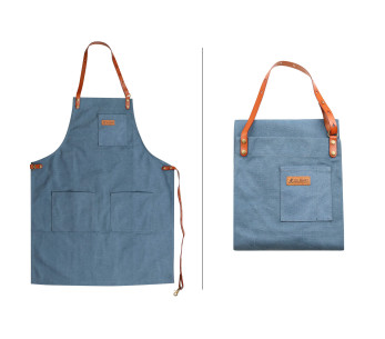 Delantal de cocina Wusaki de lona azul y piel 83x67,5cm - Talla única