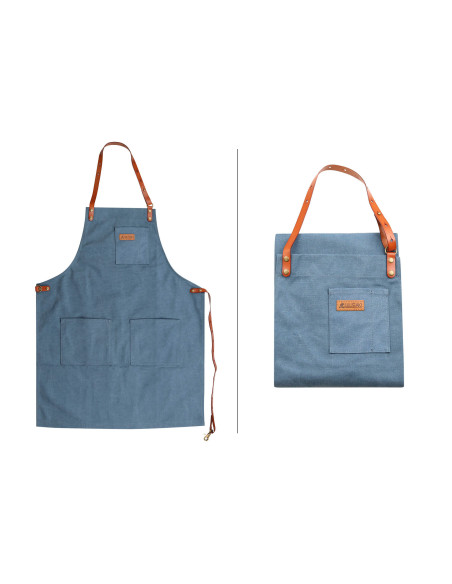 Wusaki kitchen apron in blue canvas and leather 83x67,5cm - One size