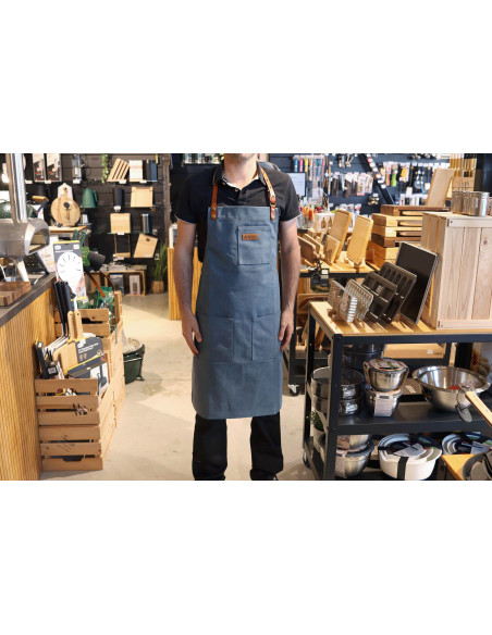 Wusaki kitchen apron in blue canvas and leather 83x67,5cm - One size