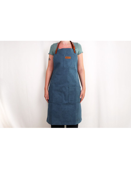Wusaki kitchen apron in blue canvas and leather 83x67,5cm - One size
