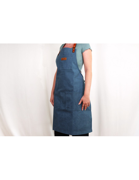 Wusaki kitchen apron in blue canvas and leather 83x67,5cm - One size