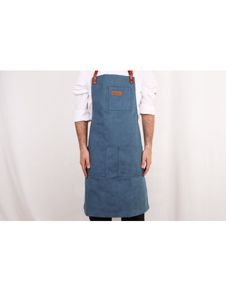 Wusaki kitchen apron in blue canvas and leather 83x67,5cm - One size
