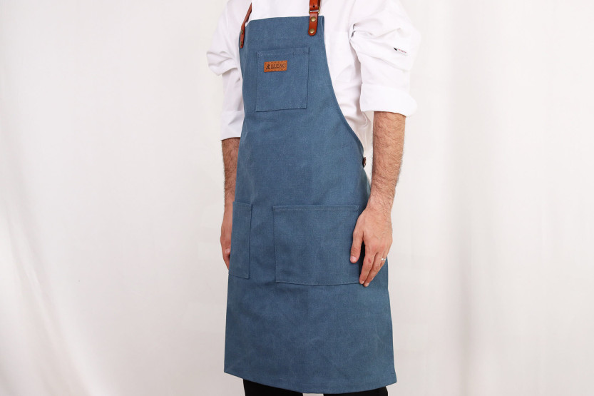 Wusaki kitchen apron in blue canvas and leather 83x67,5cm - One size