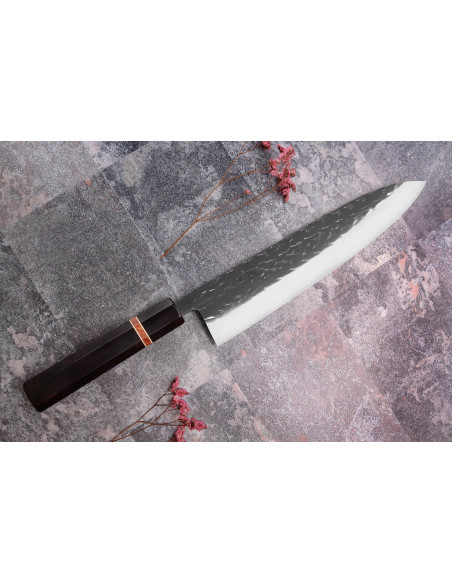 Cuchillo de cocinero japonés de 24cm Yuzo Black SLD de ébano y madera de membrillo hecho a mano